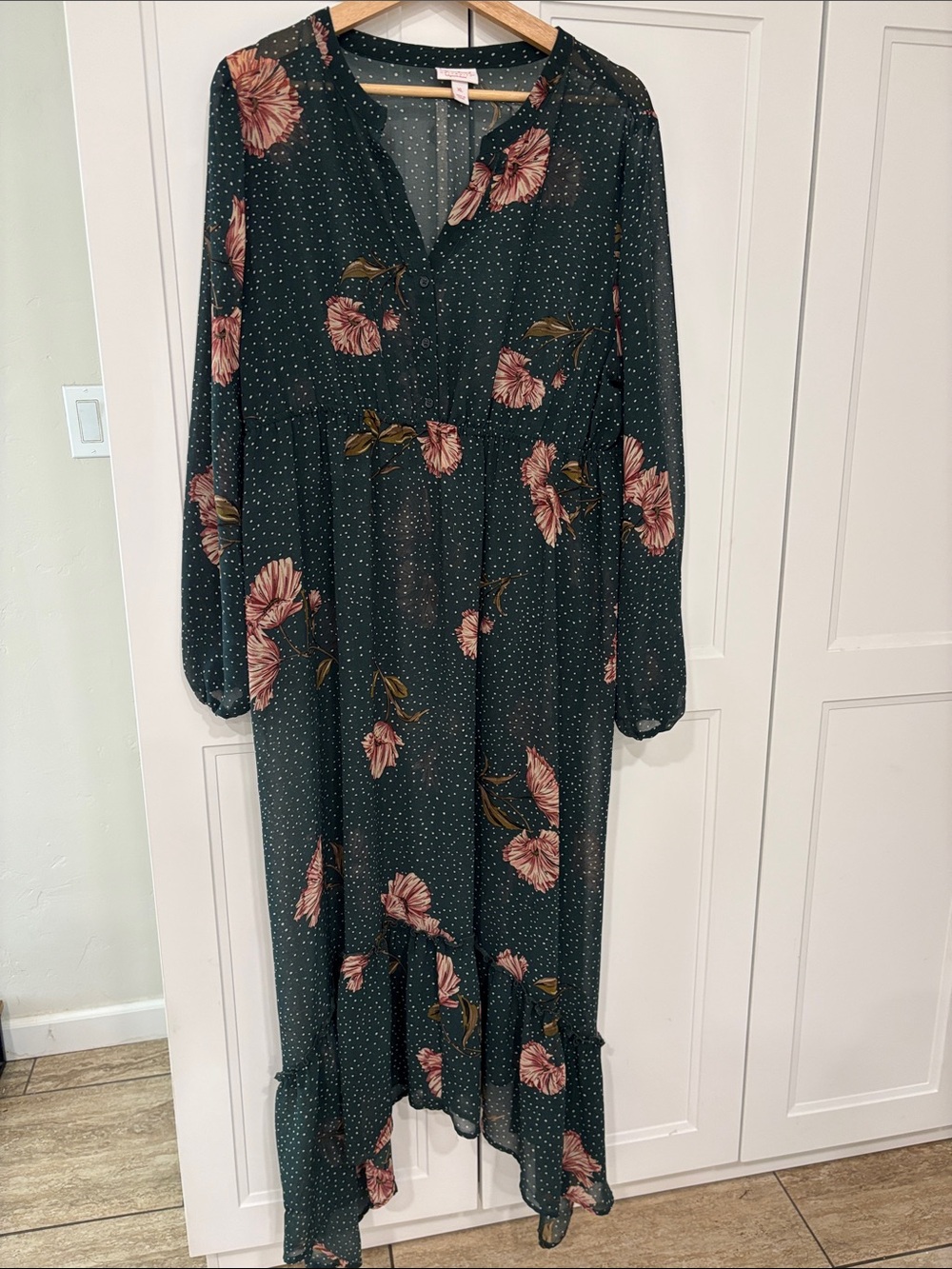 Maternity Floral Maxi Dress in Dark Green with Pink Flowers - XL